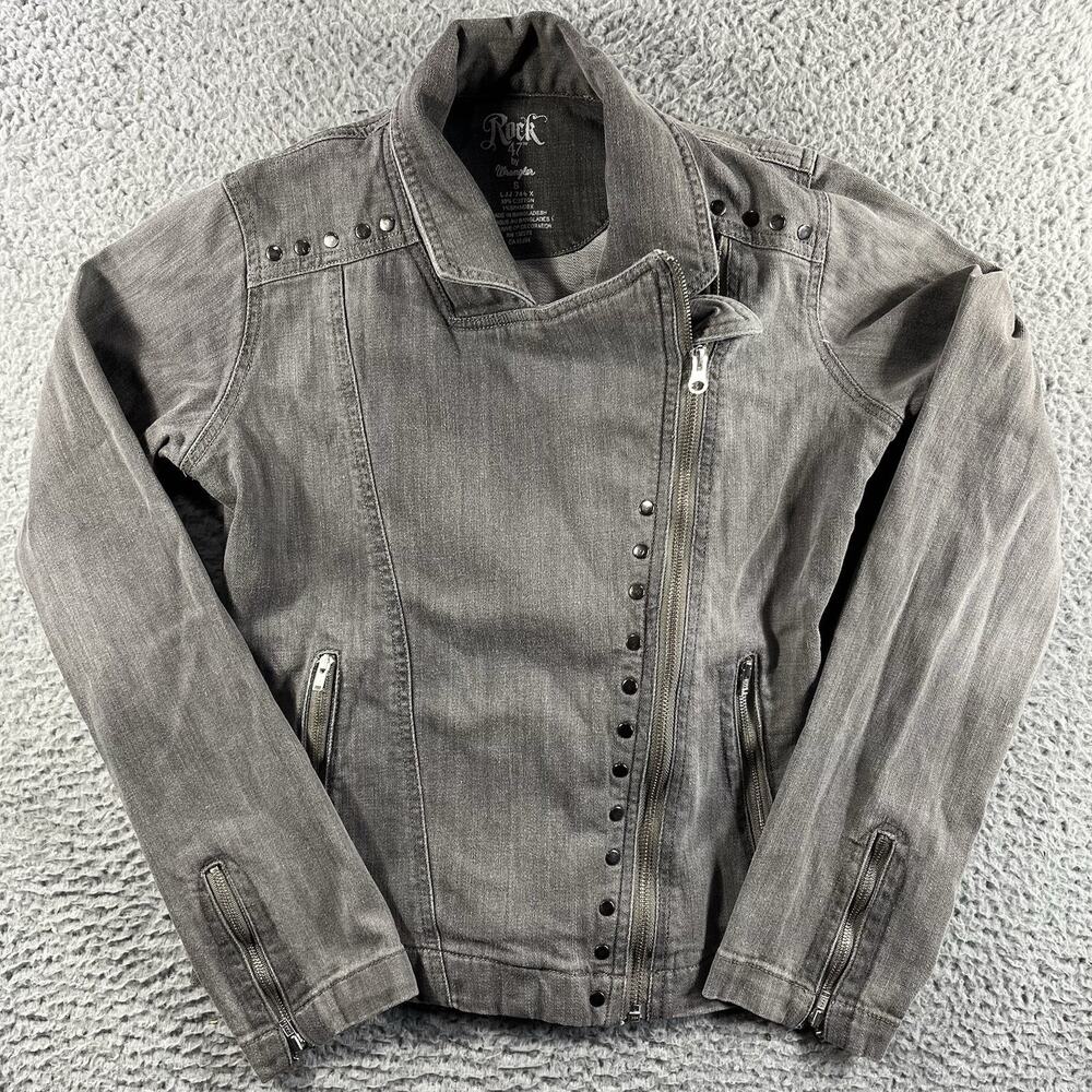 Wrangler Rock 47 Womens S Gray Denim Moto Jacket Studded Asymmetric Western Yoke